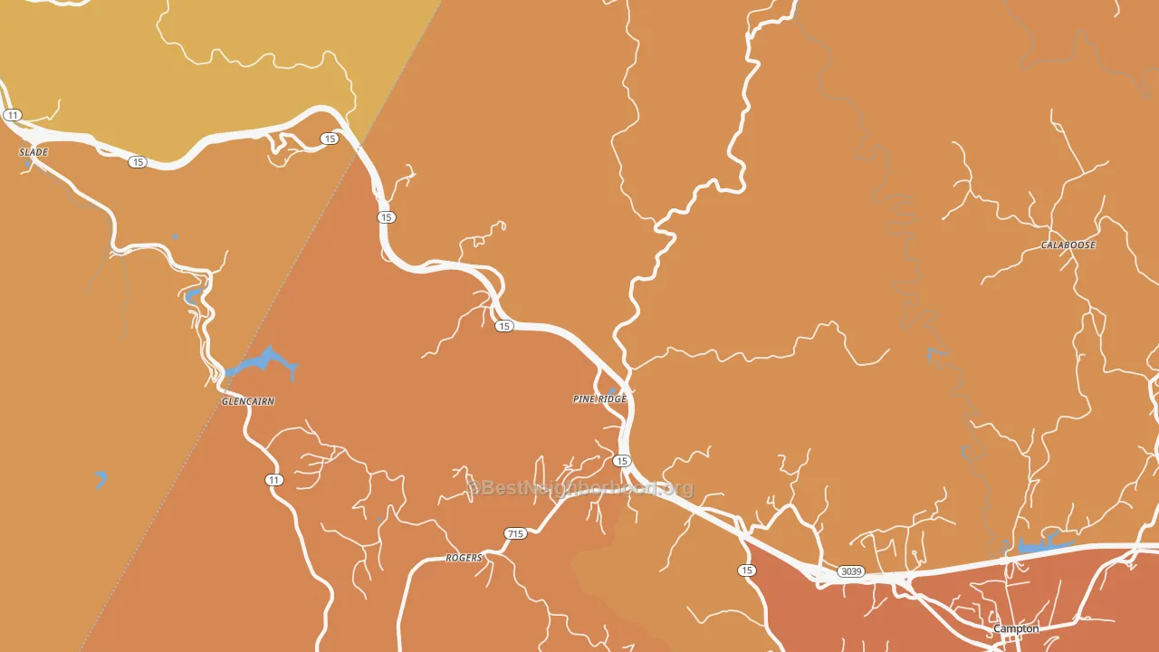 Map of the best neighborhoods in the Pine Ridge area, with better matches in green and worse matches in red