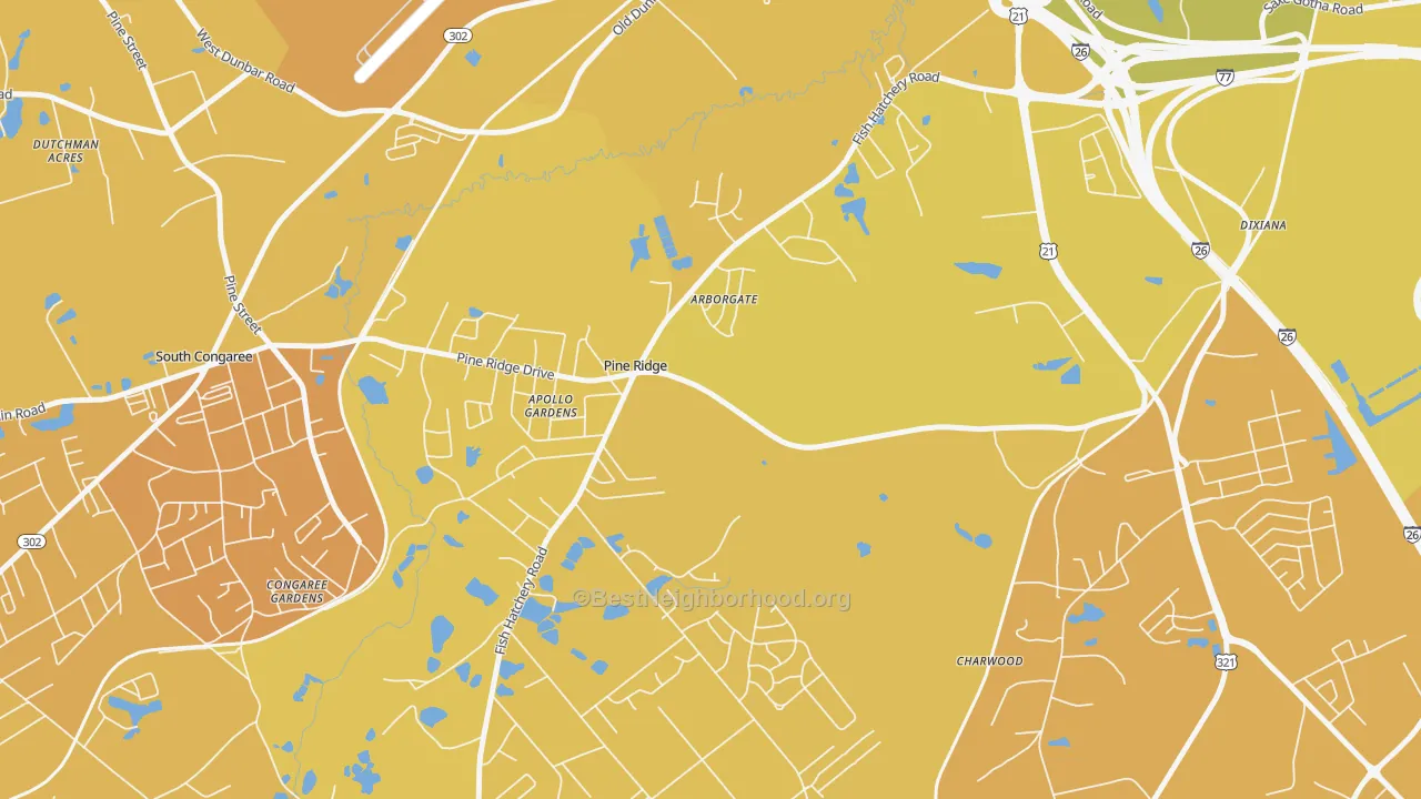 Map of the best neighborhoods in the Pine Ridge area, with better matches in green and worse matches in red