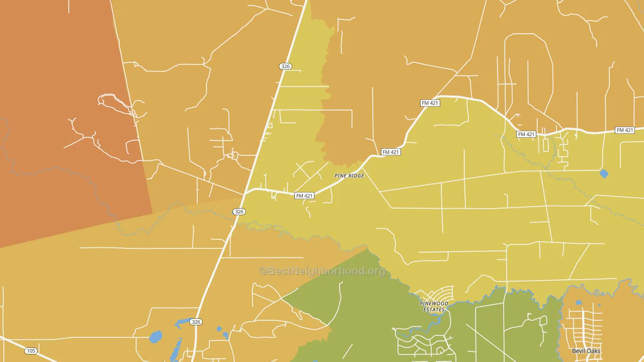 Map of the best neighborhoods in the Pine Ridge area, with better matches in green and worse matches in red