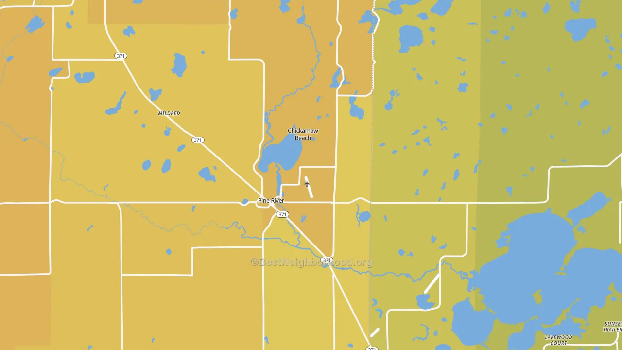 Map of the best neighborhoods in the Pine River area, with better matches in green and worse matches in red