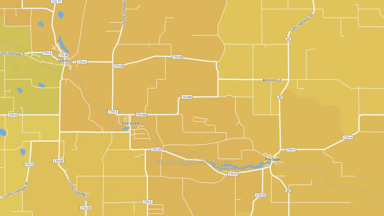 Map of the best neighborhoods in the Pine River area, with better matches in green and worse matches in red