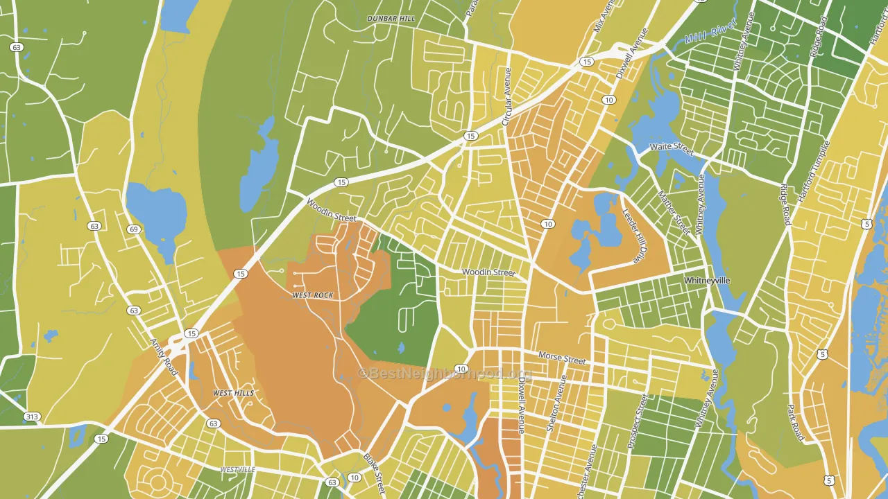 Map of the best neighborhoods in the Pine Rock, Hamden area, with better matches in green and worse matches in red