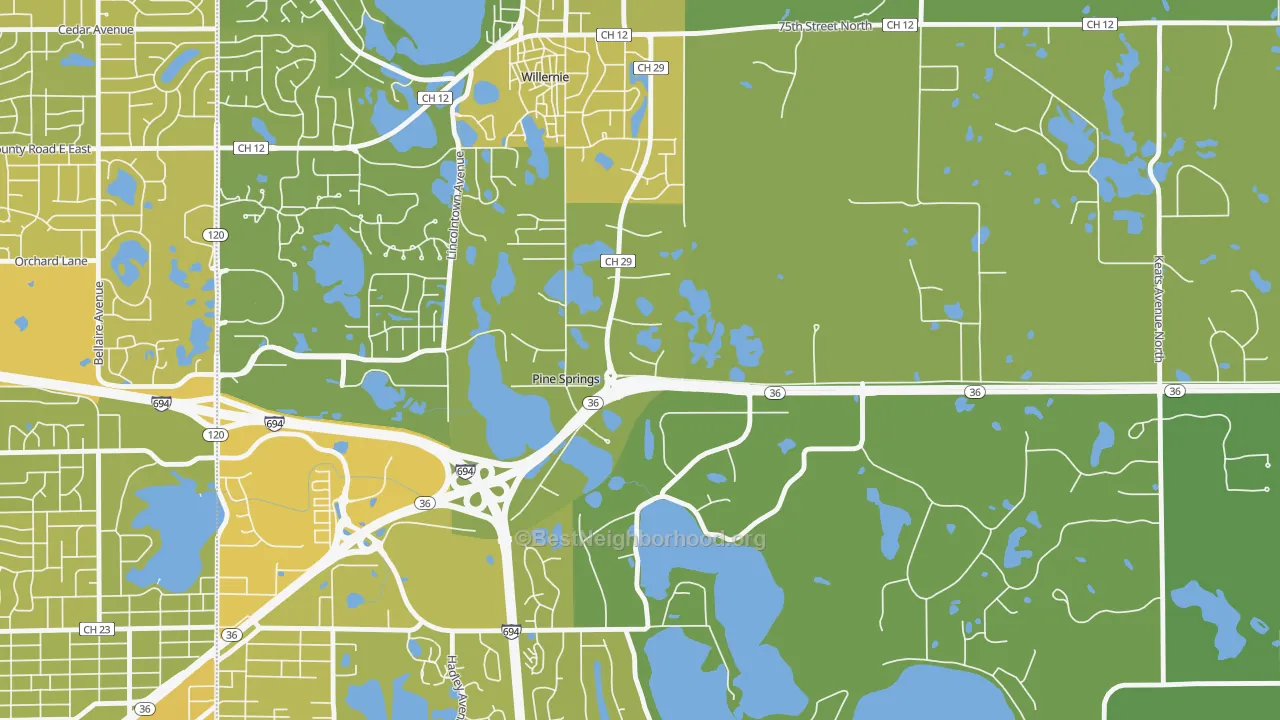 Map of the best neighborhoods in the Pine Springs area, with better matches in green and worse matches in red