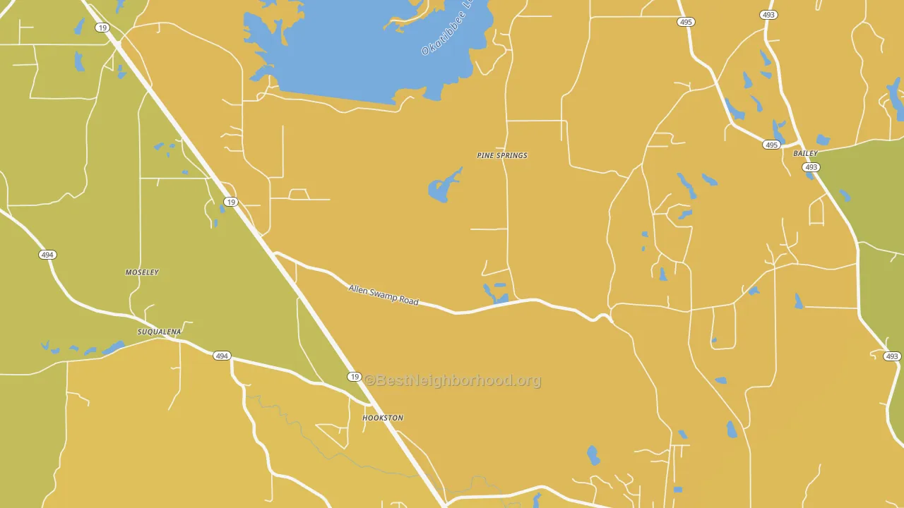 Map of the best neighborhoods in the Pine Springs area, with better matches in green and worse matches in red