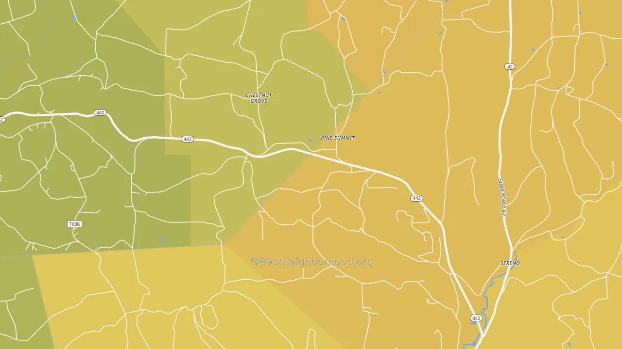 Map of the best neighborhoods in the Pine Summit area, with better matches in green and worse matches in red