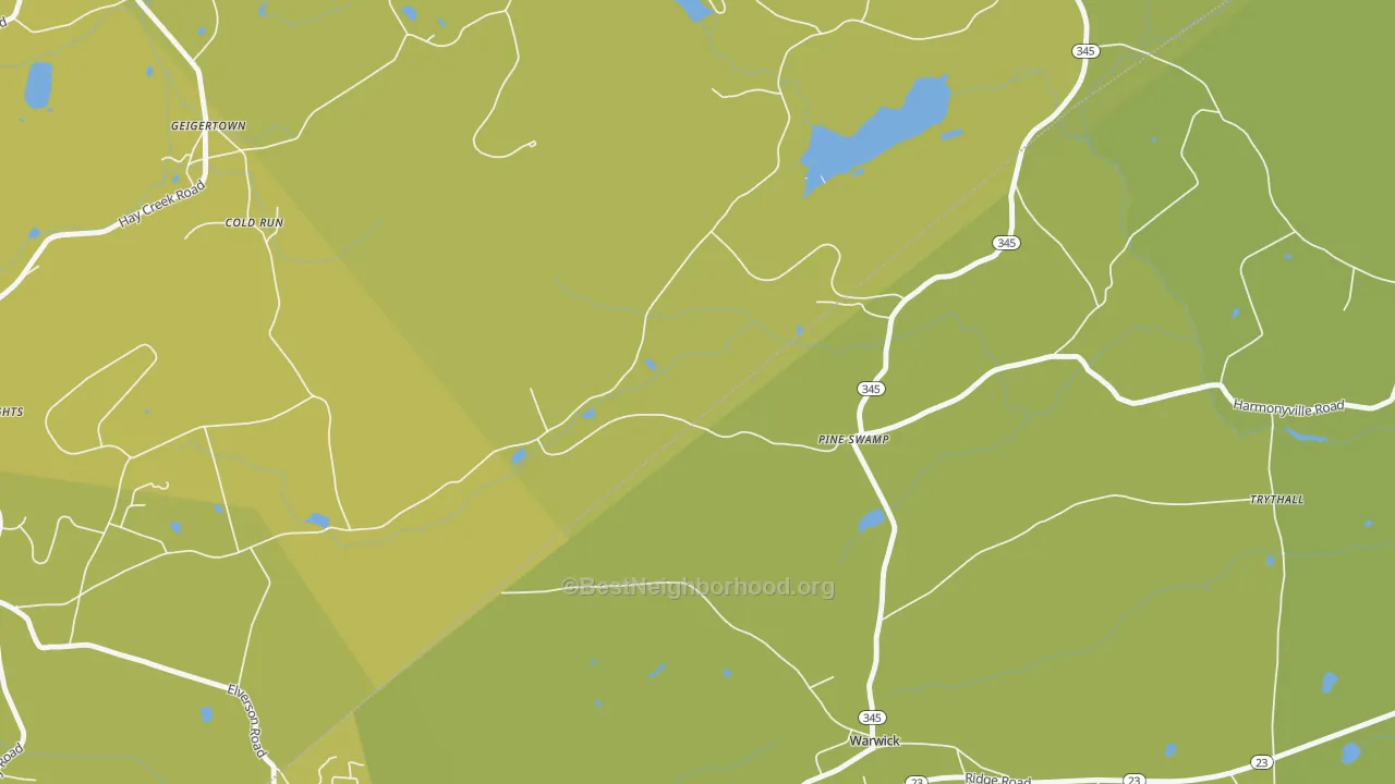 Map of the best neighborhoods in the Pine Swamp area, with better matches in green and worse matches in red