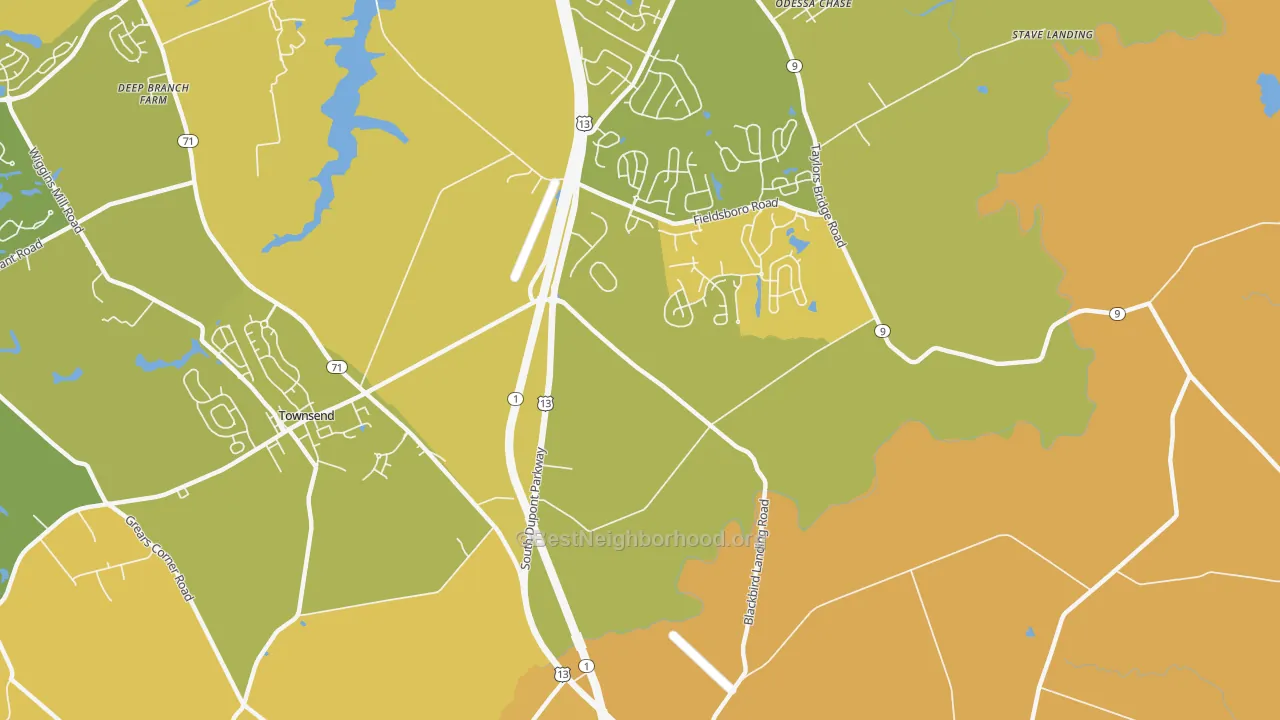 Map of the best neighborhoods in the Pine Tree Corners area, with better matches in green and worse matches in red