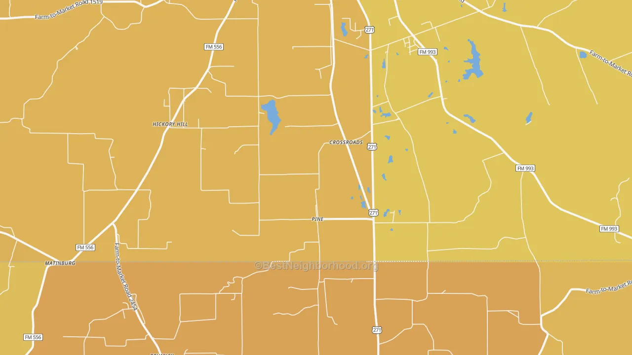 Map of the best neighborhoods in the Pine area, with better matches in green and worse matches in red