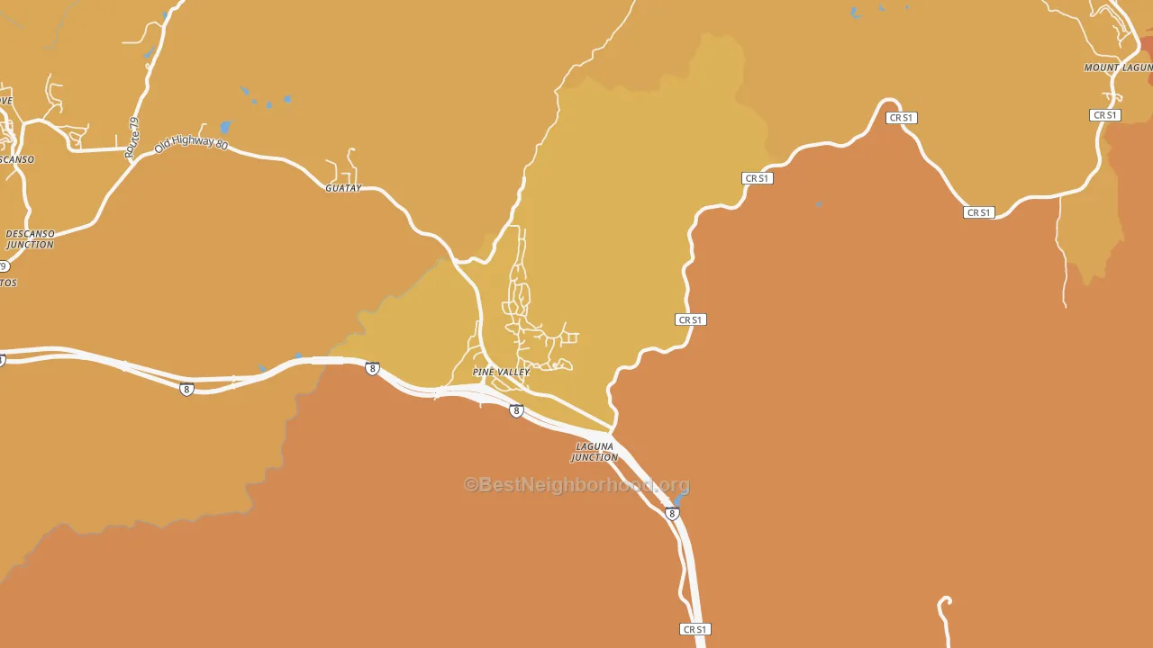 Map of the best neighborhoods in the Pine Valley area, with better matches in green and worse matches in red