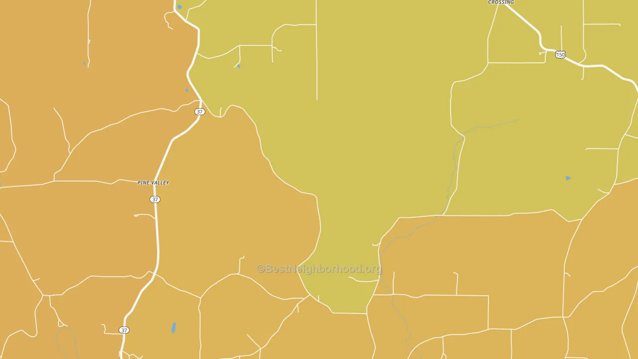 Map of the best neighborhoods in the Pine Valley area, with better matches in green and worse matches in red