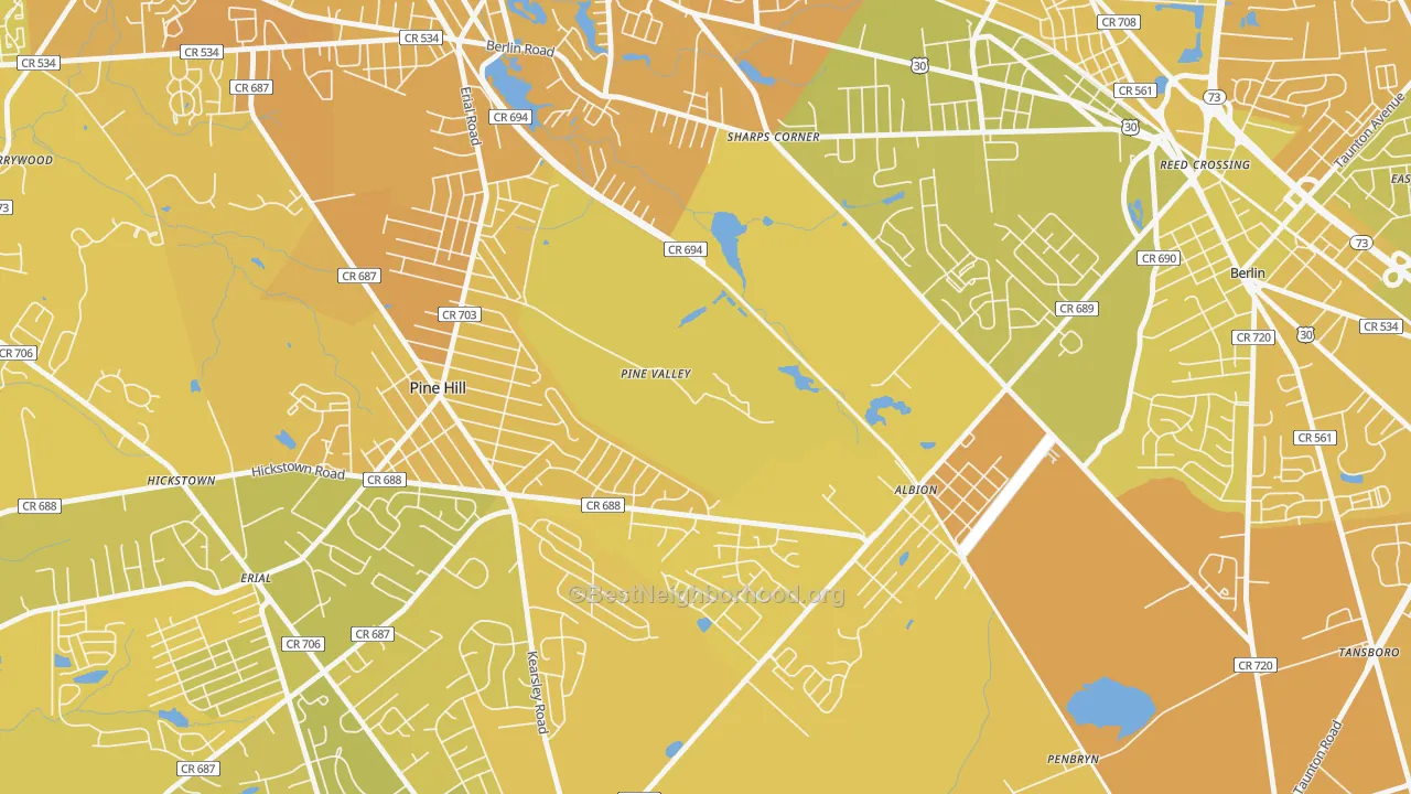 Map of the best neighborhoods in the Pine Valley area, with better matches in green and worse matches in red