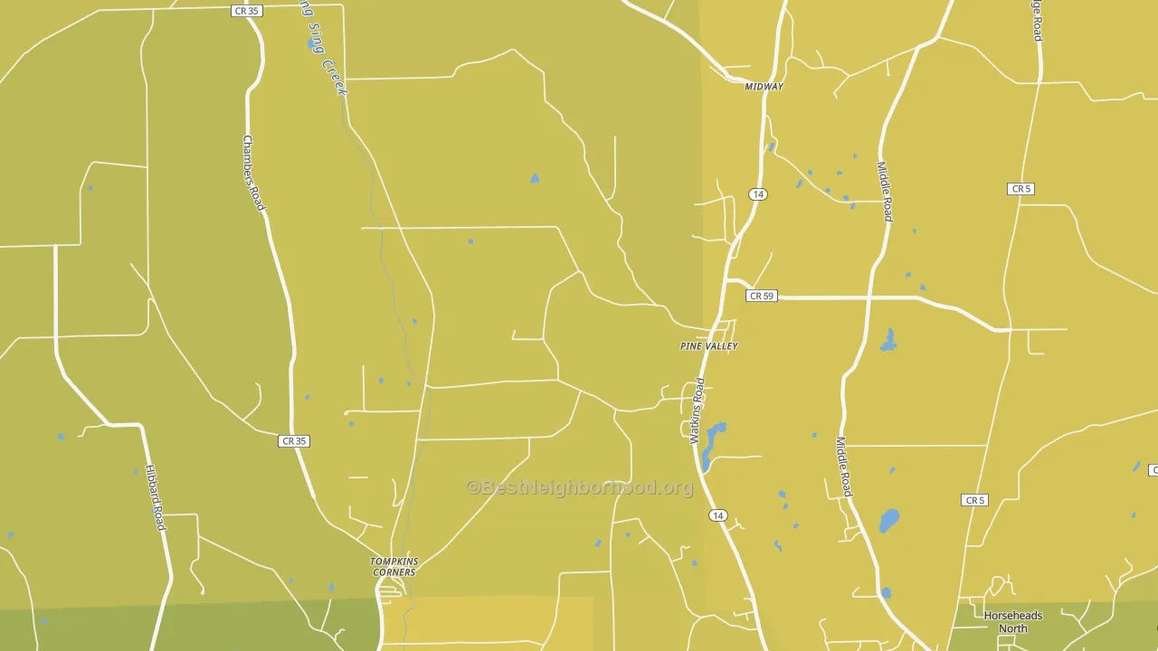 Map of the best neighborhoods in the Pine Valley area, with better matches in green and worse matches in red