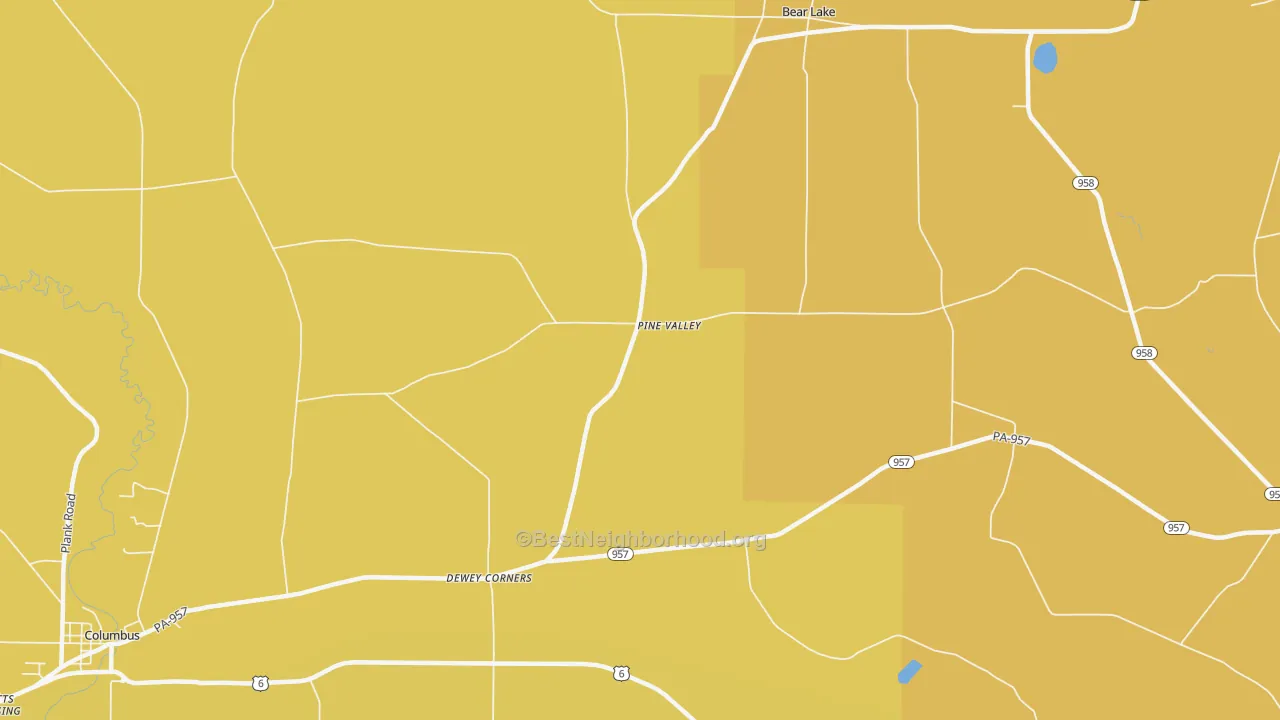Map of the best neighborhoods in the Pine Valley area, with better matches in green and worse matches in red