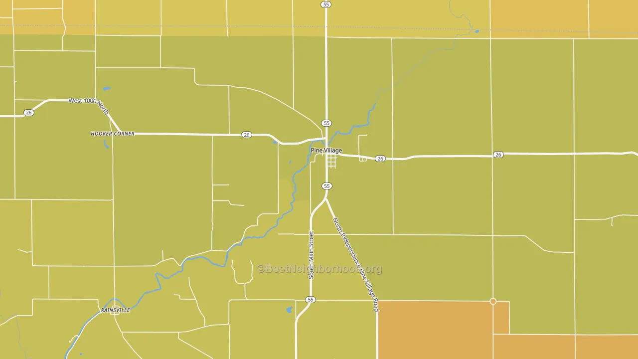 Map of the best neighborhoods in the Pine Village area, with better matches in green and worse matches in red