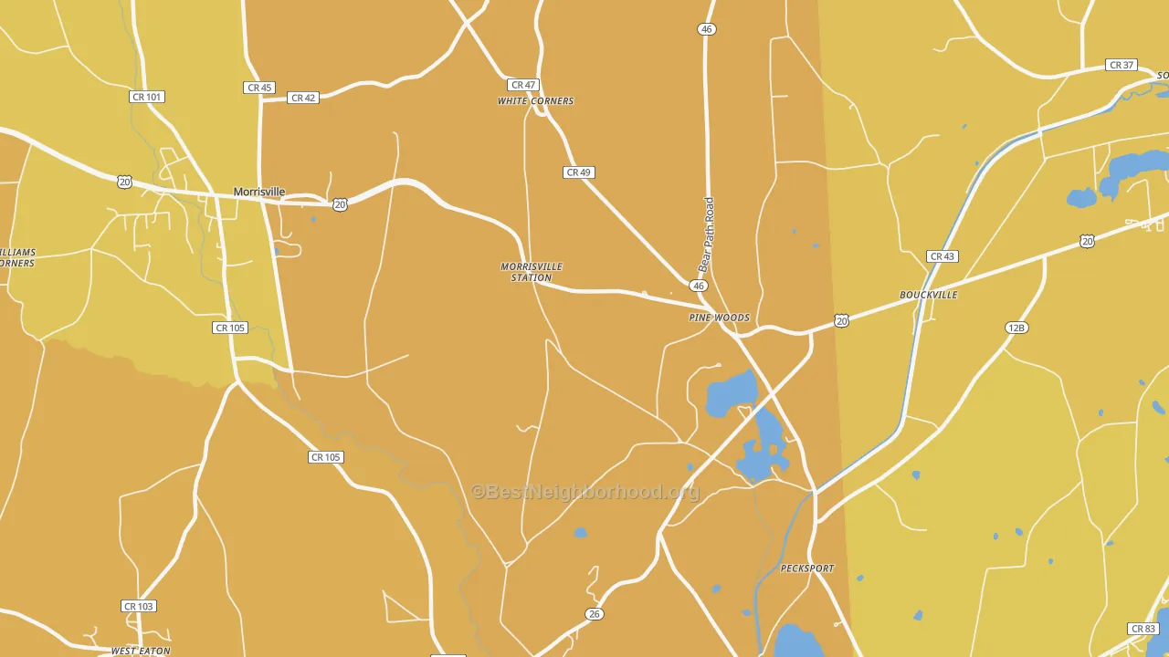 Map of the best neighborhoods in the Pine Woods area, with better matches in green and worse matches in red