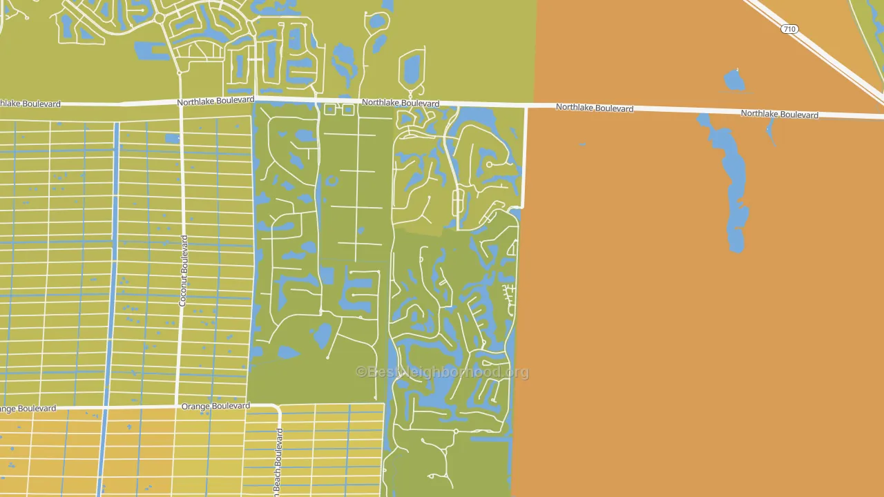 Map of the best neighborhoods in the Pineapple Park, West Palm Beach area, with better matches in green and worse matches in red
