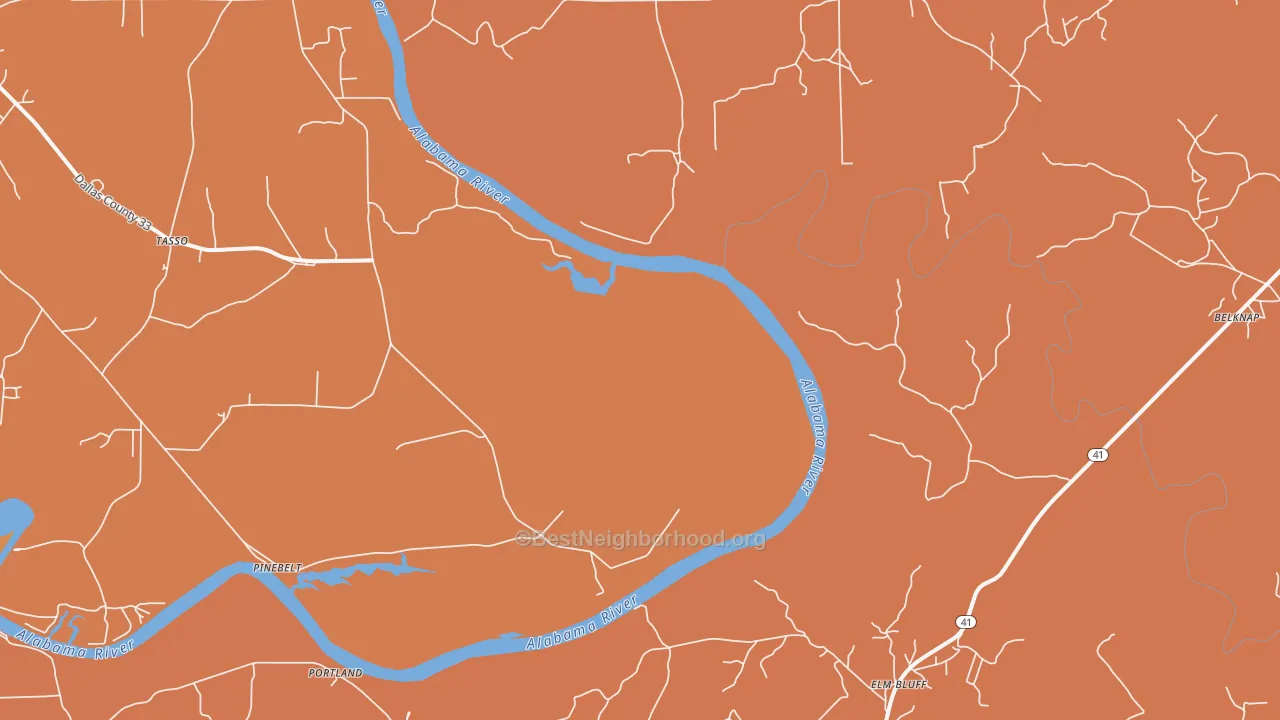 Map of the best neighborhoods in the Pinebelt area, with better matches in green and worse matches in red