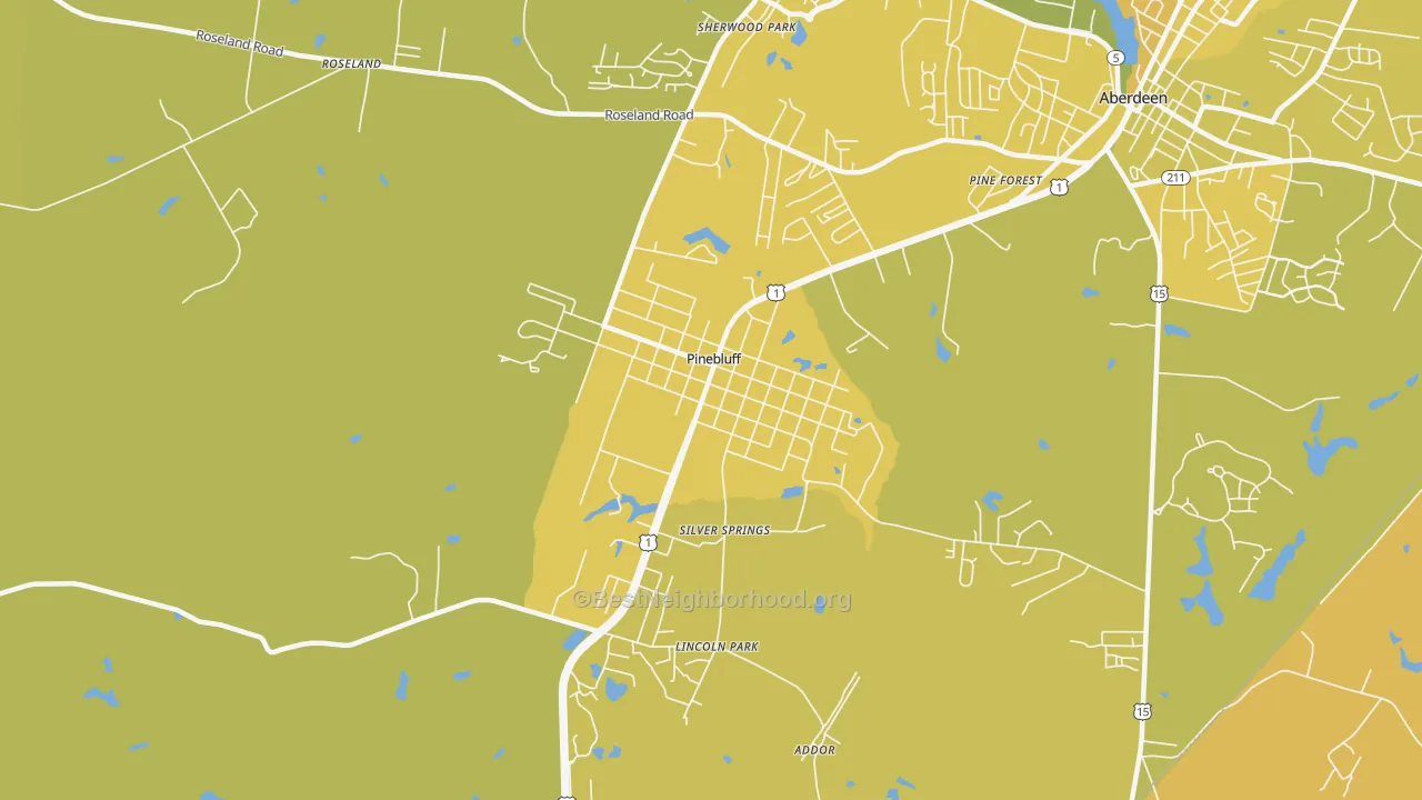 Map of the best neighborhoods in the Pinebluff area, with better matches in green and worse matches in red