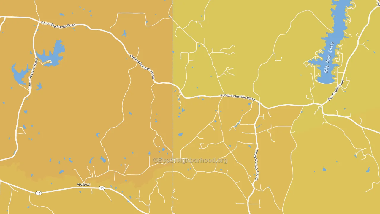 Map of the best neighborhoods in the Pinebur area, with better matches in green and worse matches in red