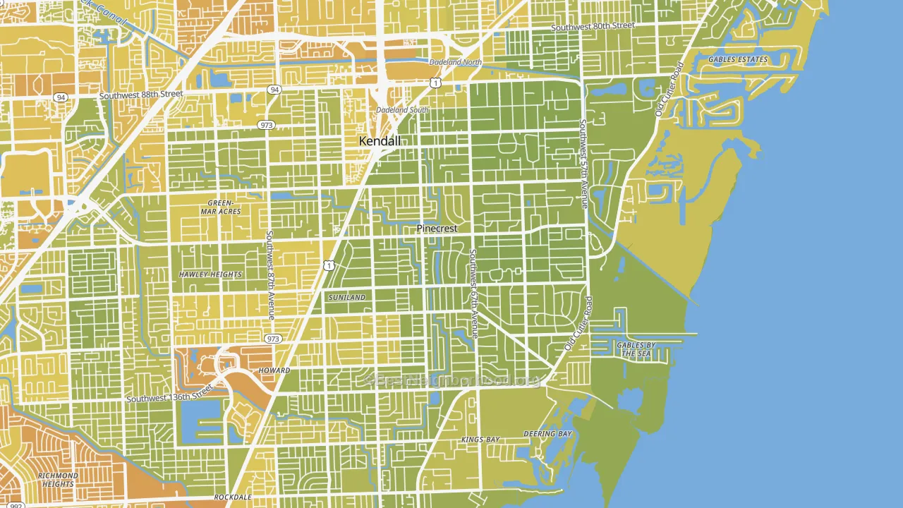 Map of the best neighborhoods in the Pinecrest area, with better matches in green and worse matches in red