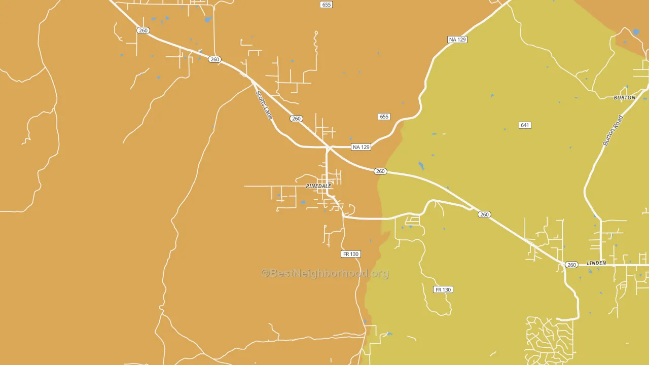 Map of the best neighborhoods in the Pinedale area, with better matches in green and worse matches in red