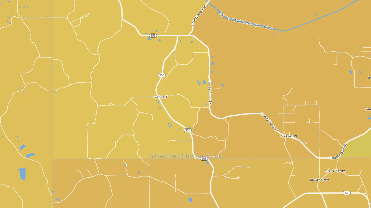 Map of the best neighborhoods in the Pinedale area, with better matches in green and worse matches in red