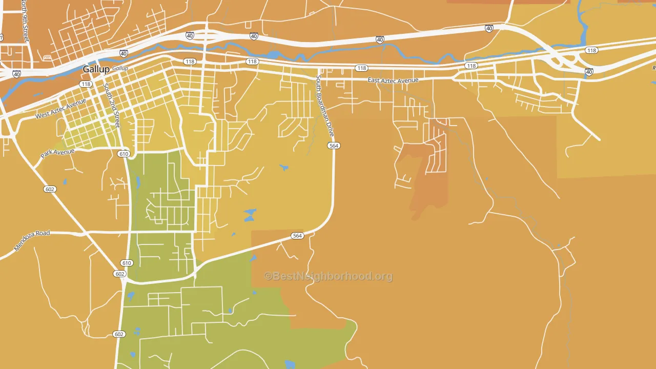 Map of the best neighborhoods in the Pinedale area, with better matches in green and worse matches in red