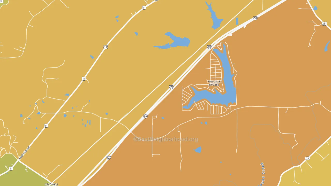 Map of the best neighborhoods in the Pinedale Shores area, with better matches in green and worse matches in red