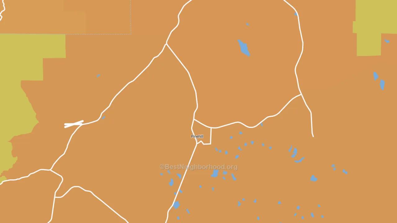 Map of the best neighborhoods in the Pinehill area, with better matches in green and worse matches in red