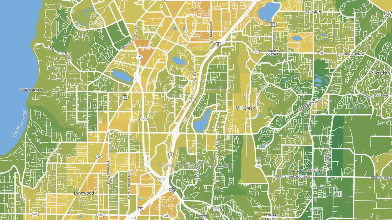 Map of the best neighborhoods in the Pinehurst, Everett area, with better matches in green and worse matches in red