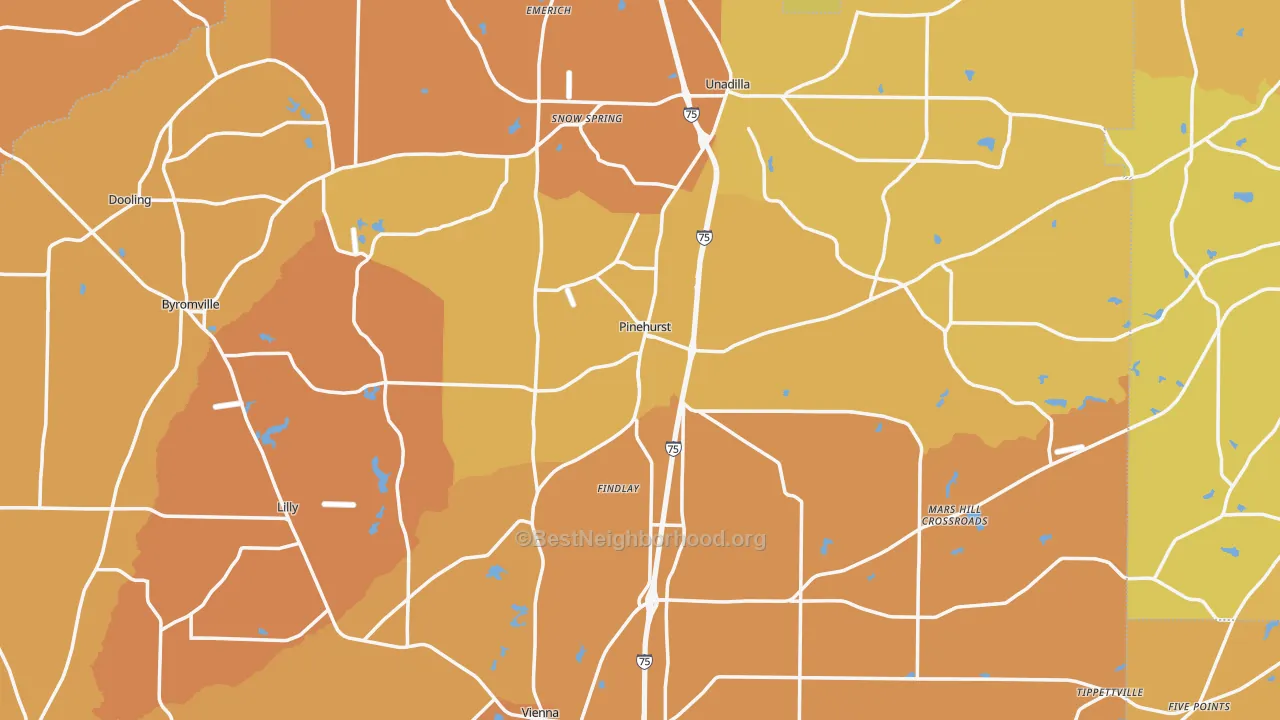 Map of the best neighborhoods in the Pinehurst area, with better matches in green and worse matches in red