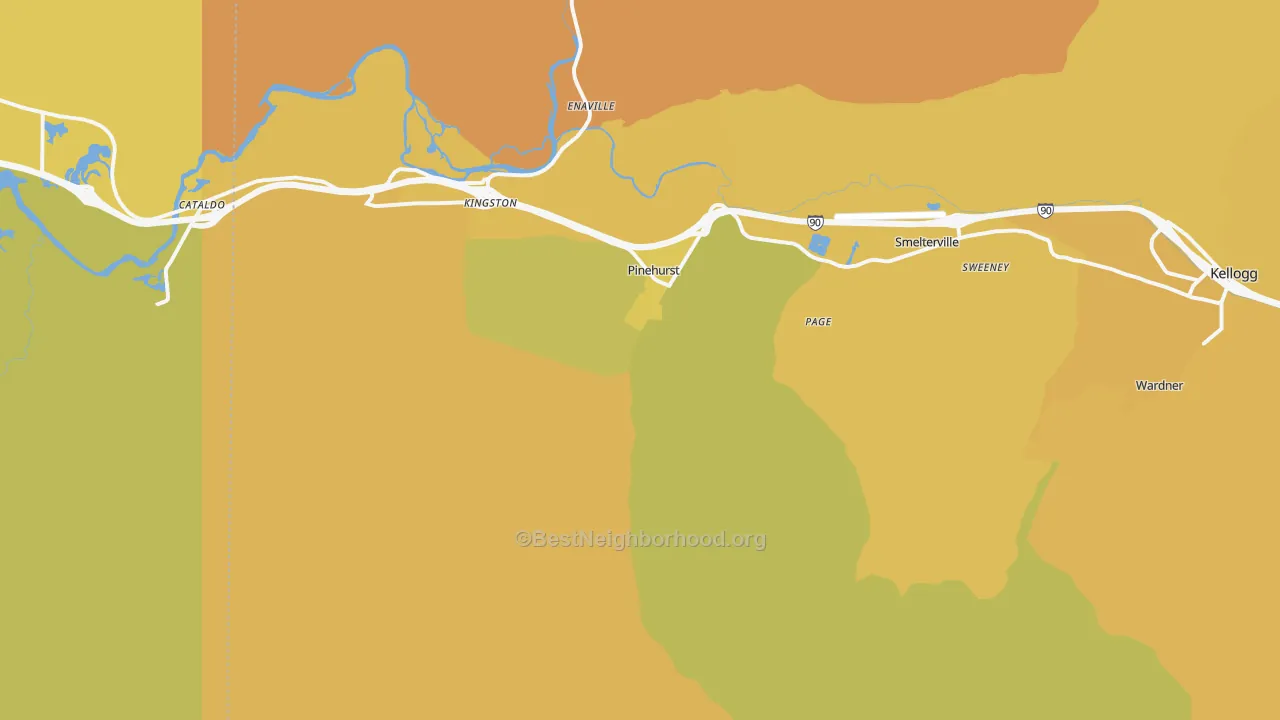 Map of the best neighborhoods in the Pinehurst area, with better matches in green and worse matches in red