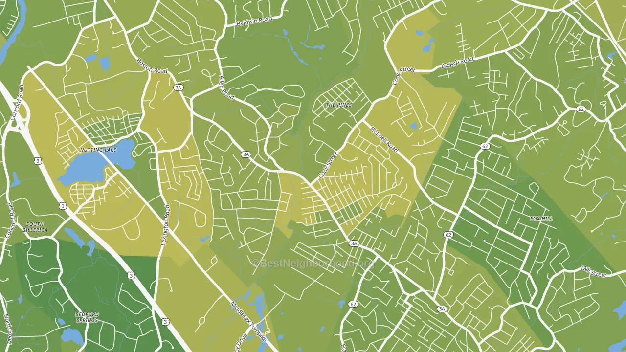 Map of the best neighborhoods in the Pinehurst area, with better matches in green and worse matches in red