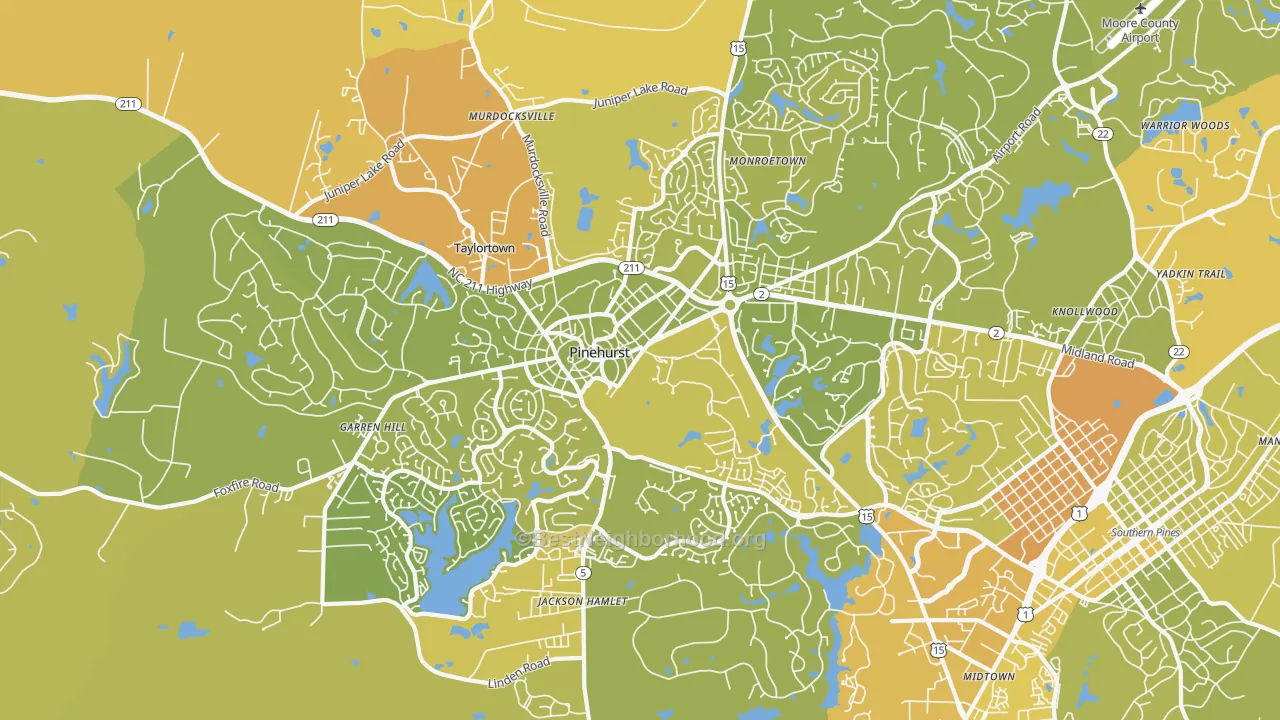 Map of the best neighborhoods in the Pinehurst Metro area, with better matches in green and worse matches in red
