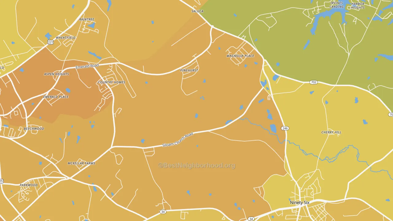 Map of the best neighborhoods in the Pinehurst area, with better matches in green and worse matches in red