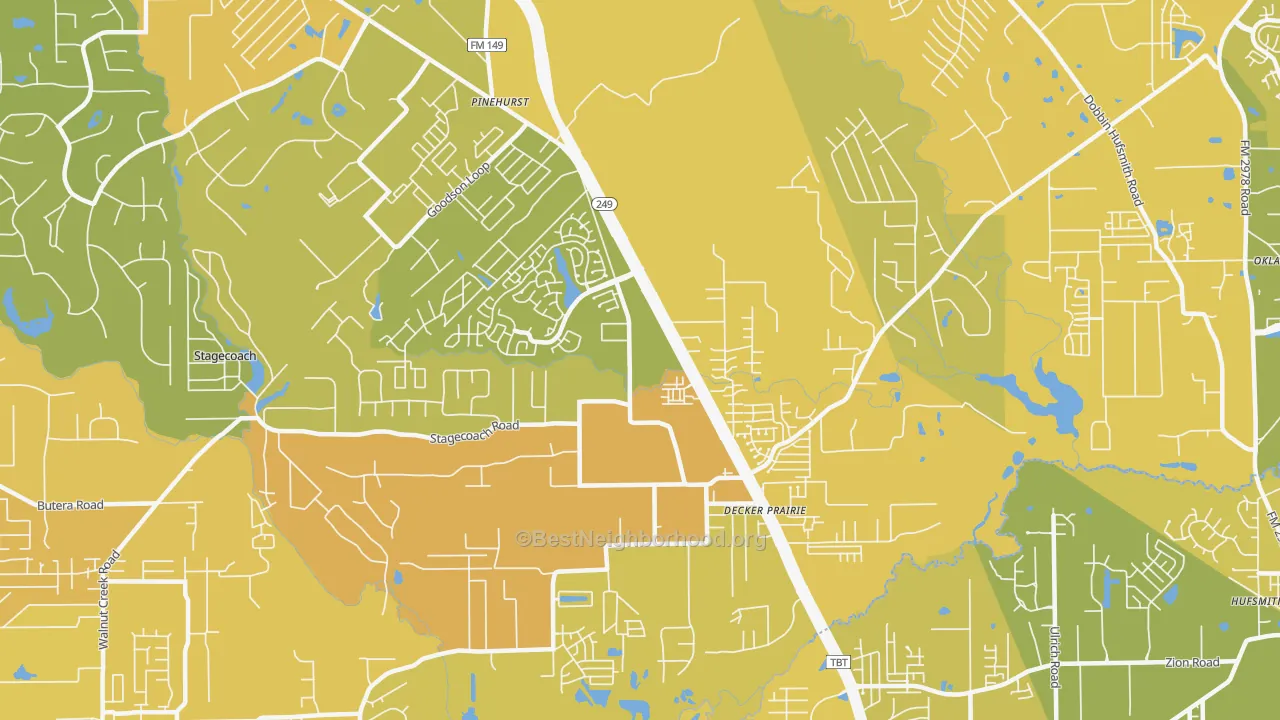 Map of the best neighborhoods in the Pinehurst area, with better matches in green and worse matches in red