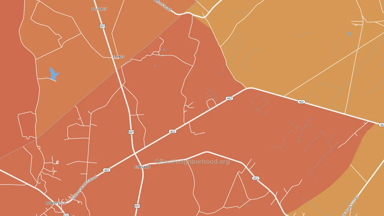 Map of the best neighborhoods in the Pineland area, with better matches in green and worse matches in red