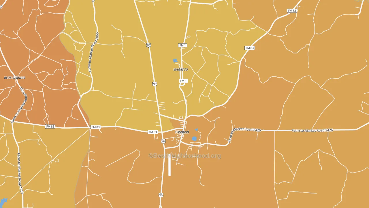 Map of the best neighborhoods in the Pineland area, with better matches in green and worse matches in red