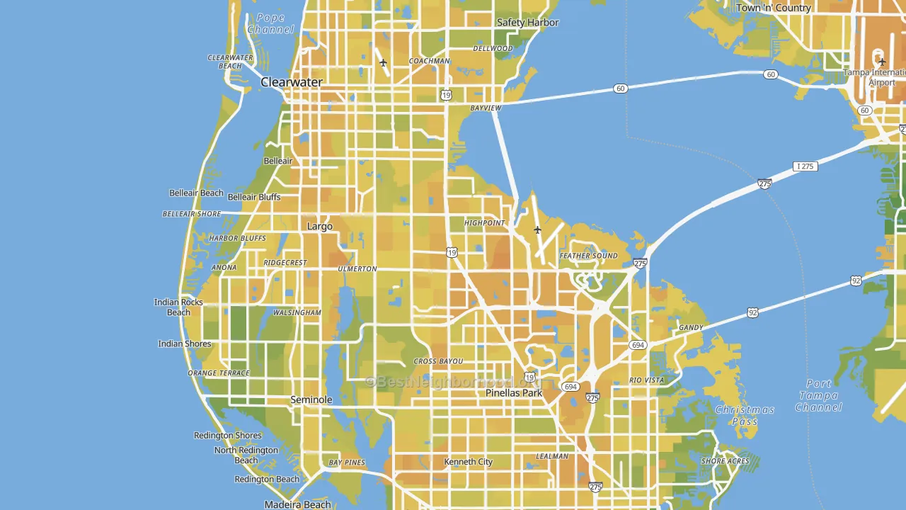 Map of the best neighborhoods in the Pinellas County area, with better matches in green and worse matches in red