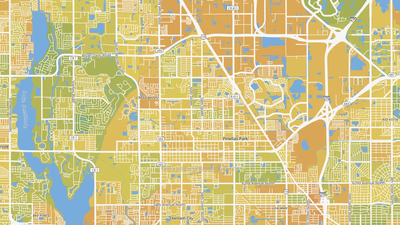 Map of the best neighborhoods in the Pinellas Park area, with better matches in green and worse matches in red
