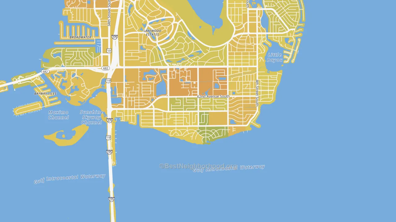 Map of the best neighborhoods in the Pinellas Point, St. Petersburg area, with better matches in green and worse matches in red