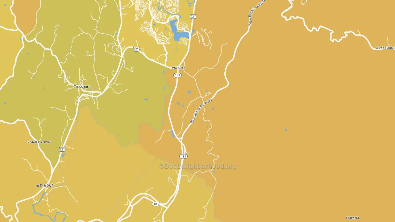 Map of the best neighborhoods in the Pineola area, with better matches in green and worse matches in red