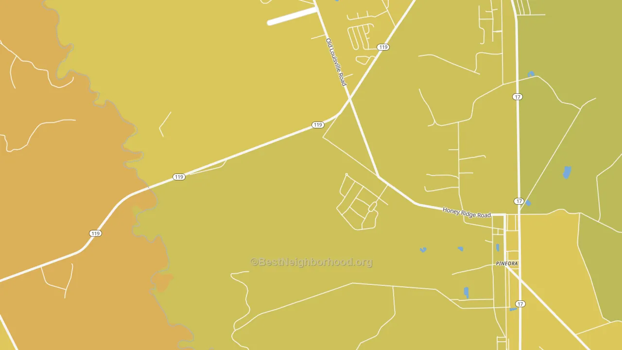 Map of the best neighborhoods in the Pineora area, with better matches in green and worse matches in red