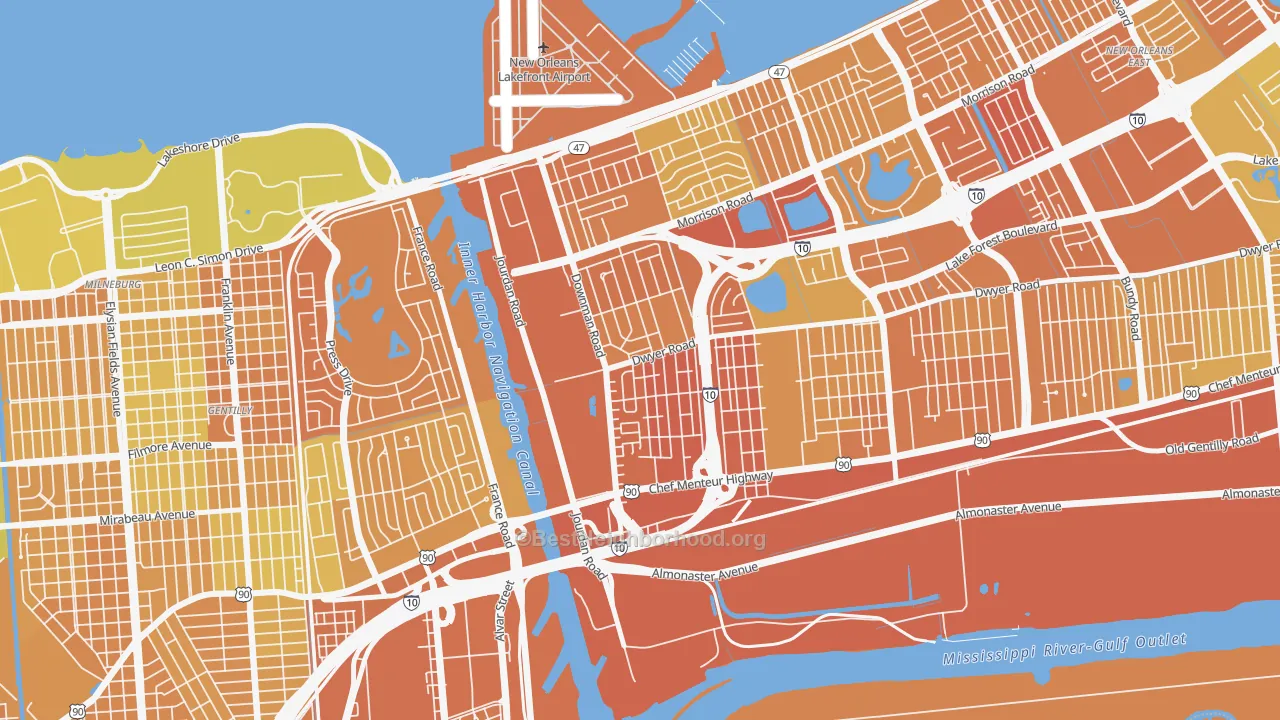 Map of the best neighborhoods in the Pines Village, New Orleans area, with better matches in green and worse matches in red