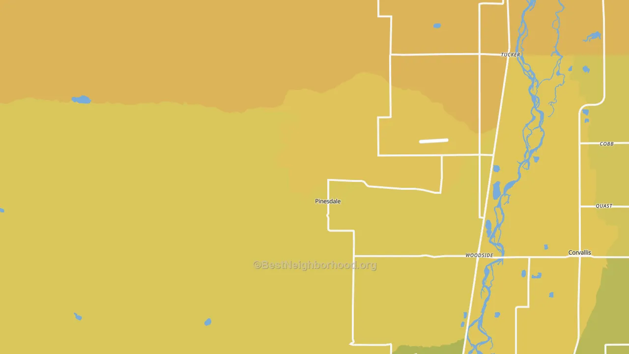 Map of the best neighborhoods in the Pinesdale area, with better matches in green and worse matches in red