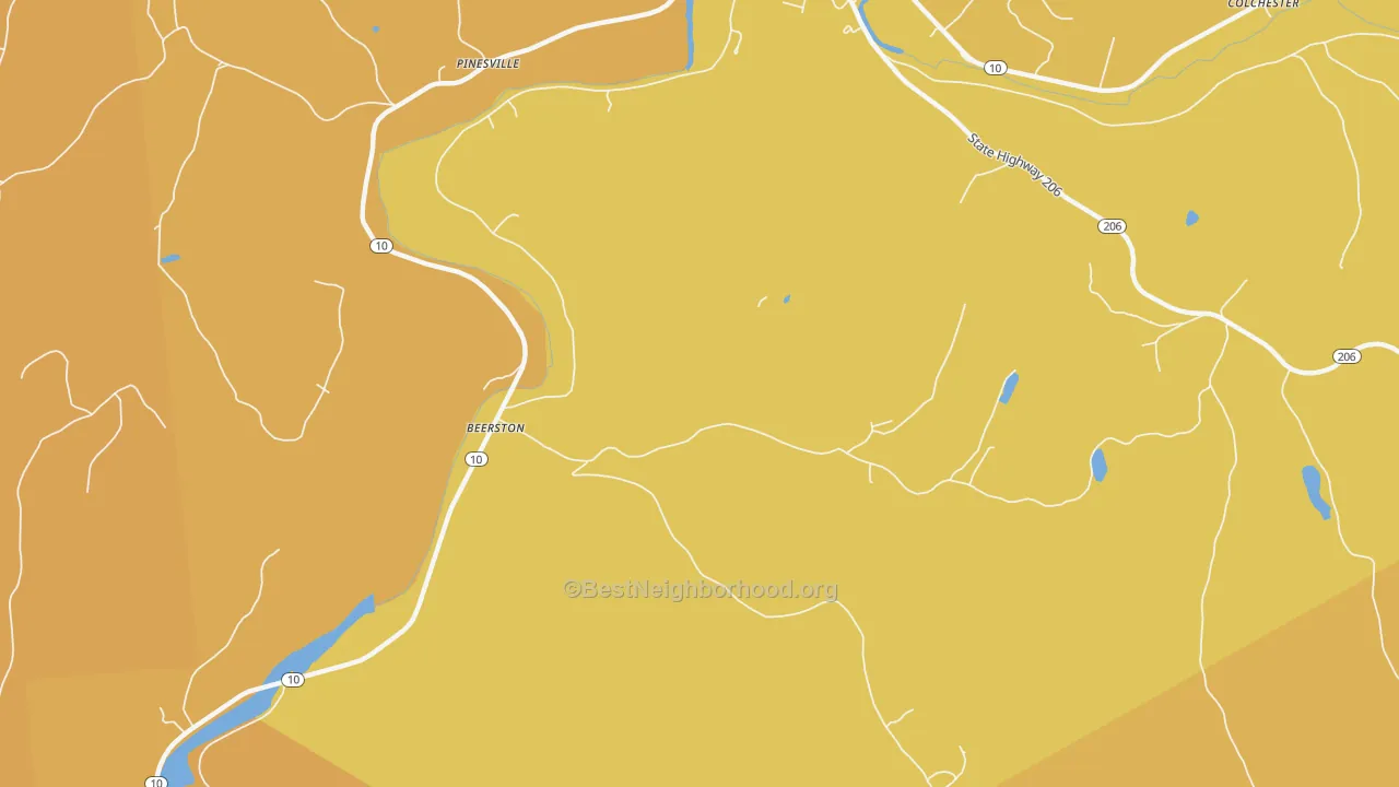 Map of the best neighborhoods in the Pinesville area, with better matches in green and worse matches in red