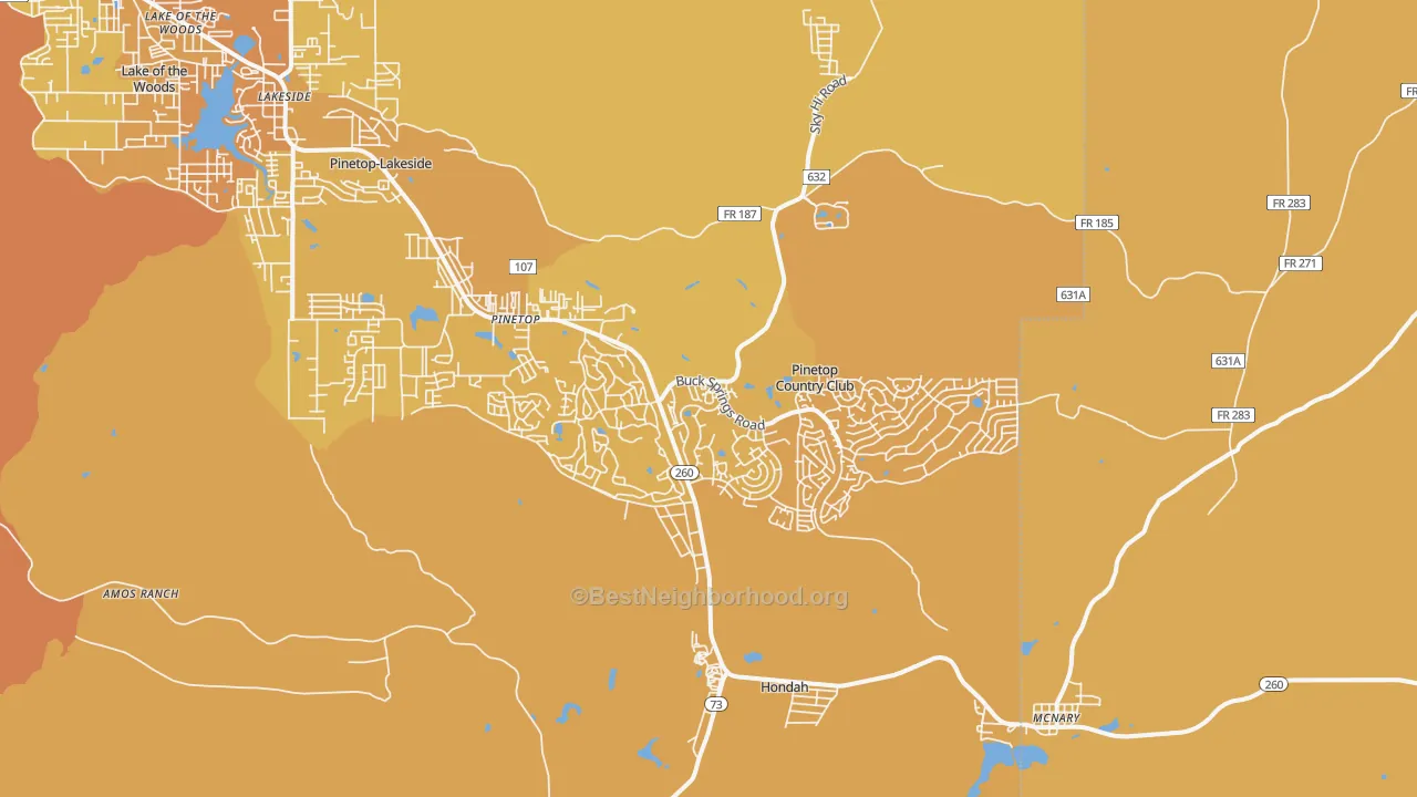 Map of the best neighborhoods in the Pinetop area, with better matches in green and worse matches in red