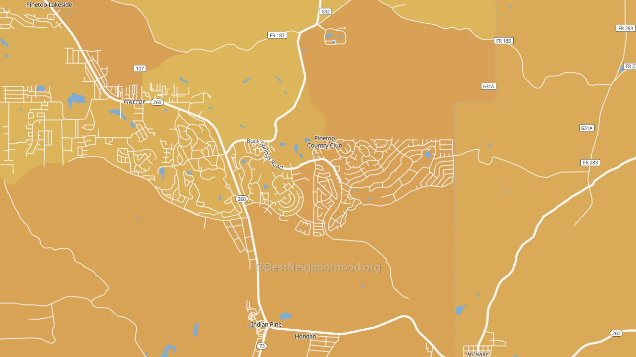 Map of the best neighborhoods in the Pinetop Country Club area, with better matches in green and worse matches in red