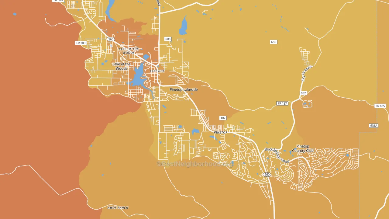 Map of the best neighborhoods in the Pinetop-Lakeside area, with better matches in green and worse matches in red