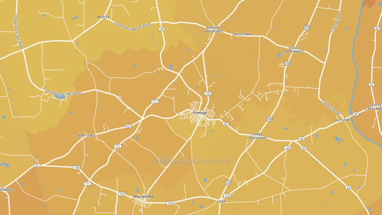 Map of the best neighborhoods in the Pinetops area, with better matches in green and worse matches in red